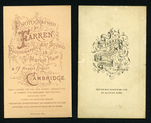 Reverse of two Farren cartes de visite