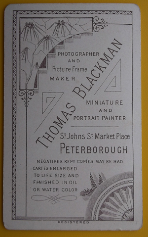 Reverse of carte de visite, Thomas Blackman