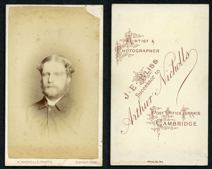 JE Bliss carte de visite, successor to Arthur Nicholls