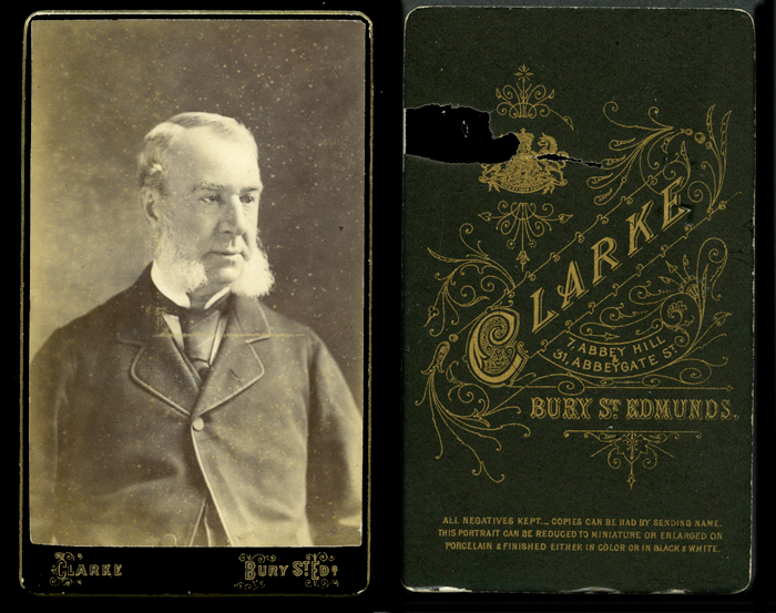 1880s carte de visite by Clarke, 7 Abbey Hill and 31 Abbeygate Street, Bury St Edmunds, Suffolk