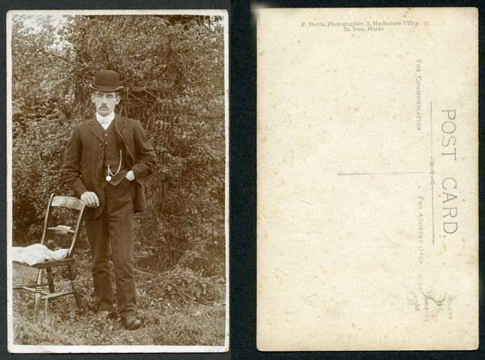 Outdoor portrait of unknown gentleman in bowler hat by F.Davis, photographer, 3 Haslemere Villas, St Ives, Hunts.