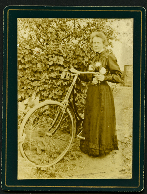 Unusual sized carte de visite of an unknown lady cyclist - photographer unknown