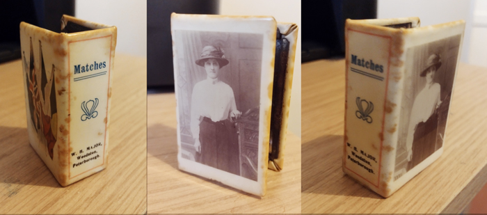 Three views of a portrait matchbox case by W H Major, image with kind permission of Peter Belcher