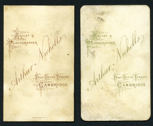 Reverse of two cartes de visite by Arthur Nichols