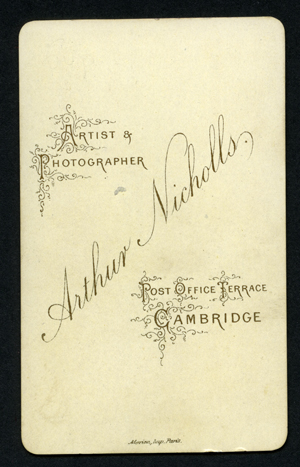 Reverse of Arthur Nicholls carte with gilt lettering