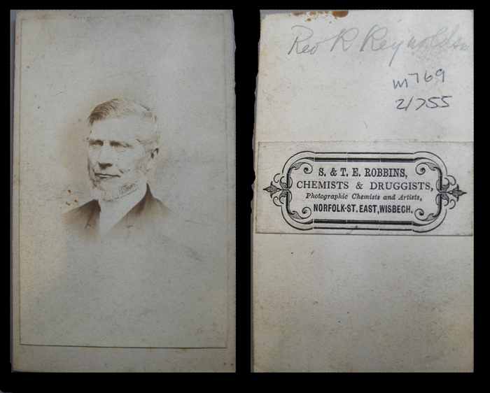 Carte de visite, Rev R Reynoldson by S & T.E. Robbins, Chemists and Druggists, photographic Chemists and Artists, Norfolk St East, Wisbech, reproduced with the kind permission of the Wisbech and Fenland Museum