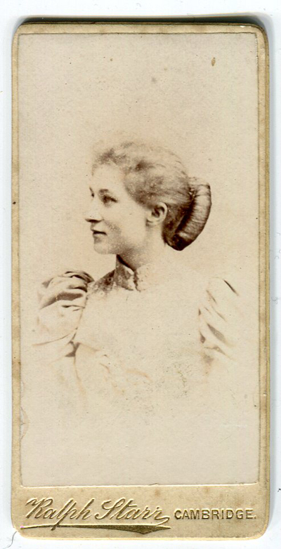 midget carte de visite of an unknown young lady, 38 x 76 mm, gilt lettering on the face, reverse blank. Reproduced with permission of Ron Cosens (www.cartedevisite.co.uk)