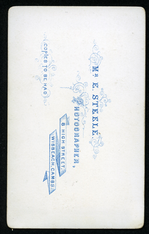 E.Steele carte de visite, cameo style portrait; reverse with business card design with ornate scrollwork, town name spelled 