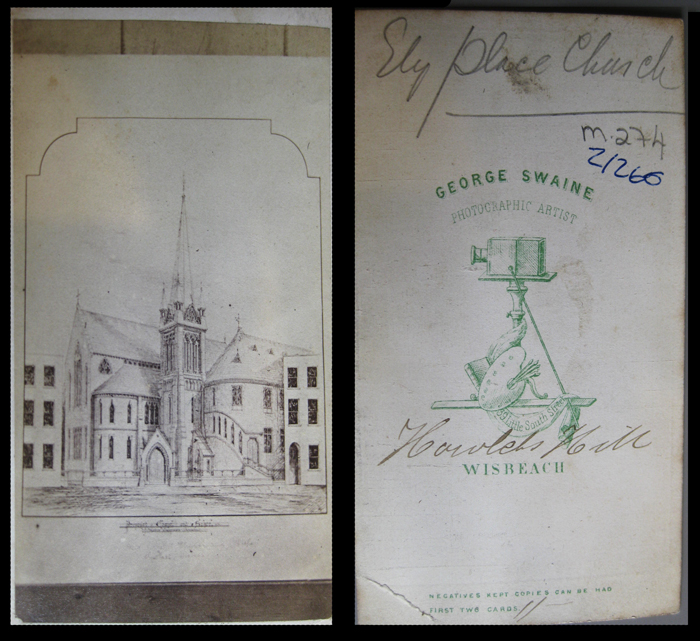 carte de visite of Ely Place Baptists Church Wisbech, by George Swaine. The reverse of the carte has the information 'George Swaine, Photographic Artist, 39 Little South Street Wisbeach'. Also on the reverse is a simple box camera on a tripod, artist's pallate, brushes, artist's mahl stick, ruler and drape. From the address, this appears to be from arounf 1871-3. Reproduced with the permission of the Wisbech and Fenland Museum
