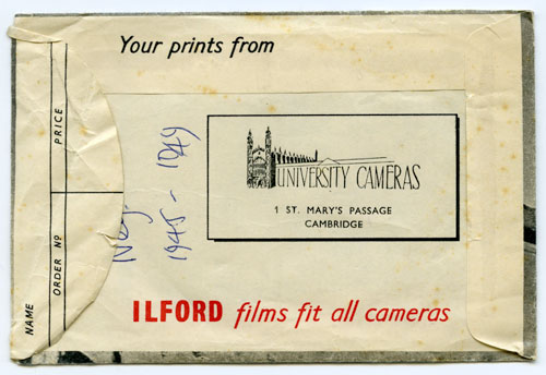 Negatives envelope from University Cameras, which contained negatives dated 1945-49