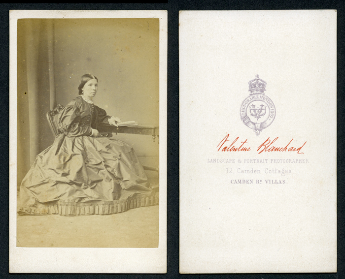 carte de visite by Valentine Blanchard of an unknown lady in crinoline on a thin card mount with square corners